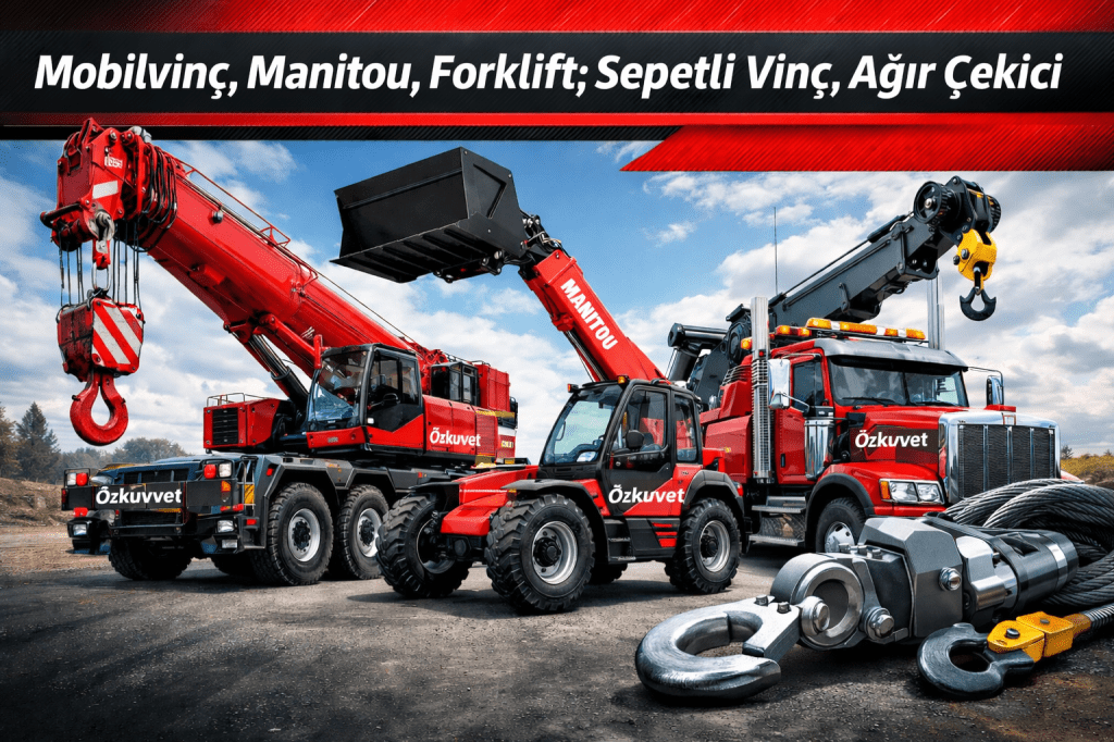Mobil vinçler, Manitou, forklift ve ağır çekici araçları ile iş makineleri sergileniyor.